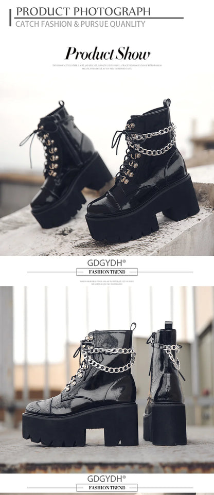 Gothic Black Boots for Women Chain Chunky Heel Platform Ankle Boots Zipper