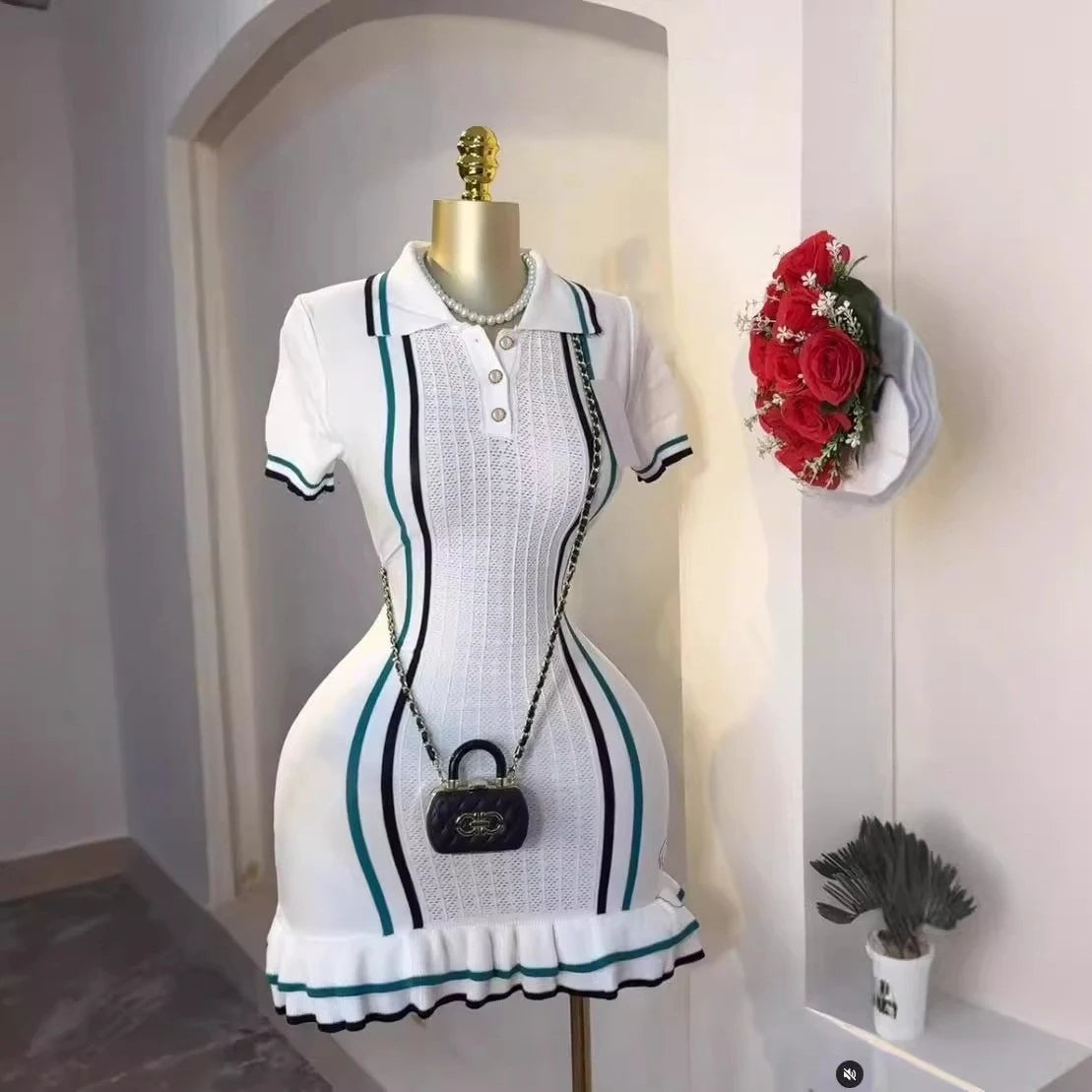 Knitted Mini Dress Turn-down Collar Ruffled Party Dress Streetrwear