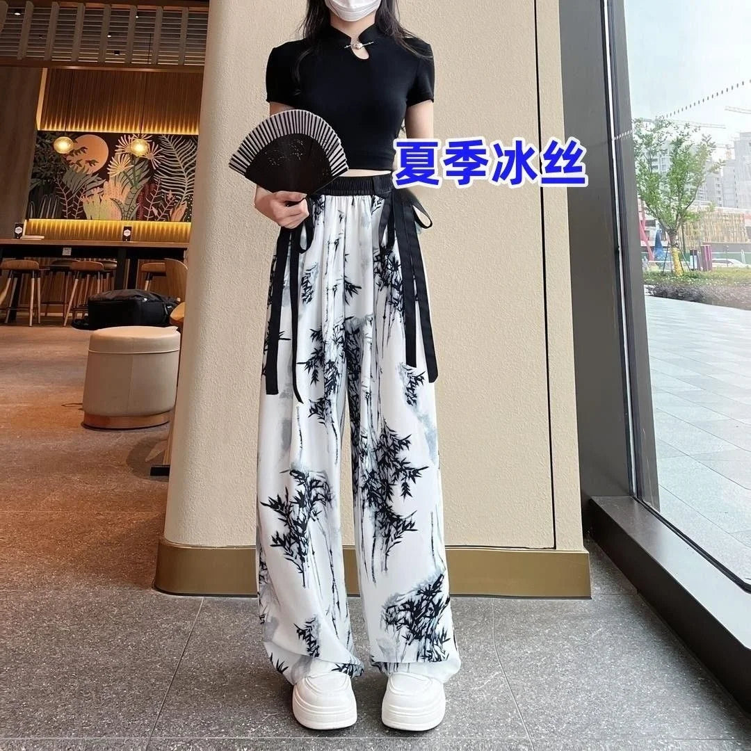 Women's Thin Casual Ice Silk Chiffon Wide Leg Pants Strap Drop Straight Tube Floor Trousers Korean Women