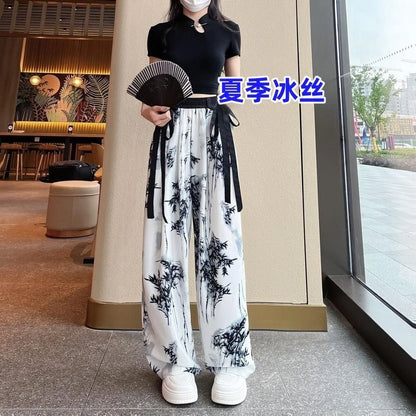 Women's Thin Casual Ice Silk Chiffon Wide Leg Pants Strap Drop Straight Tube Floor Trousers Korean Women