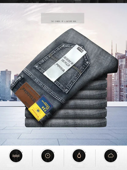 Men Classic Jeans Straight Regular Blue Stretch Denim Trousers Men's