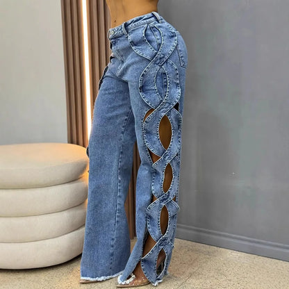 Women Streetwear Cutout Hollow Out Criss Cross Side Wide Leg  Blue Denim Pants