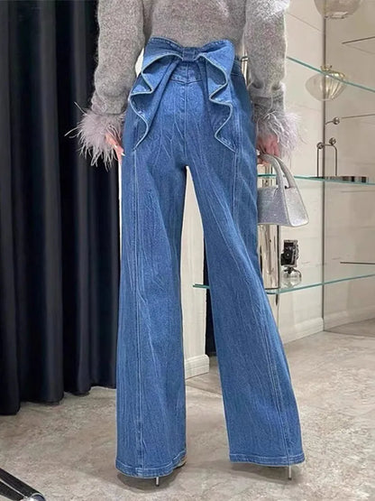 Y2K High Waist Flare Denim Jeans With Big Bow Ruffles Sweetheart Stylish Female Slim Fit Casual Trousers