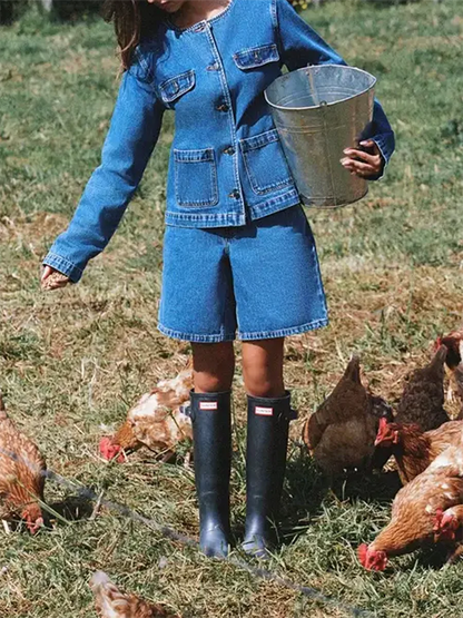 Ladies Classic Blue Denim Jacket with Round Neckline Long Sleeves and  Fit Button Down