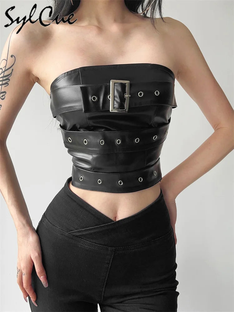 Retro Matte Black Mysterious All-Match Personality Fashionable Belt Chest Wrap Vest