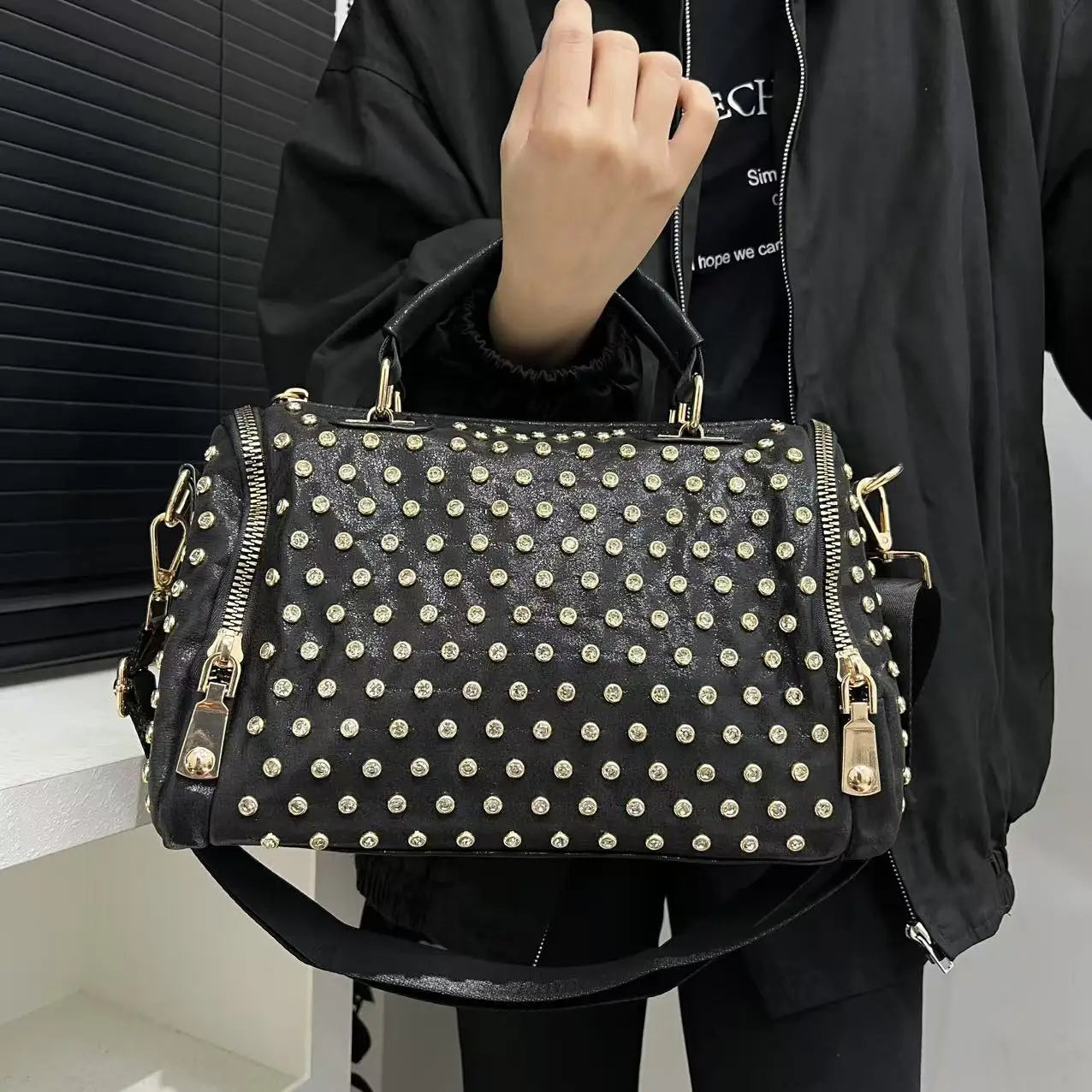 Ladies' diamond studded nylon tote bag with leopard pattern