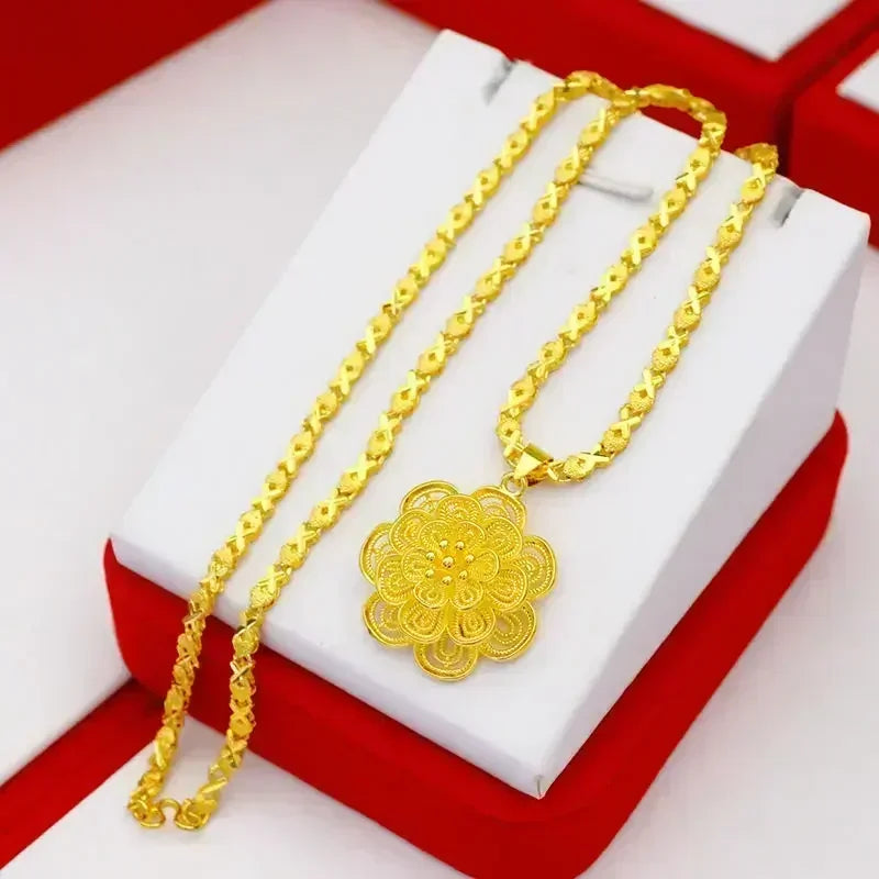 24K Pure Gold AU999 Women's Necklace with Large 3D Flower Pendant Luxury High-Quality Jewelry for Ladies Boutique New Arrival