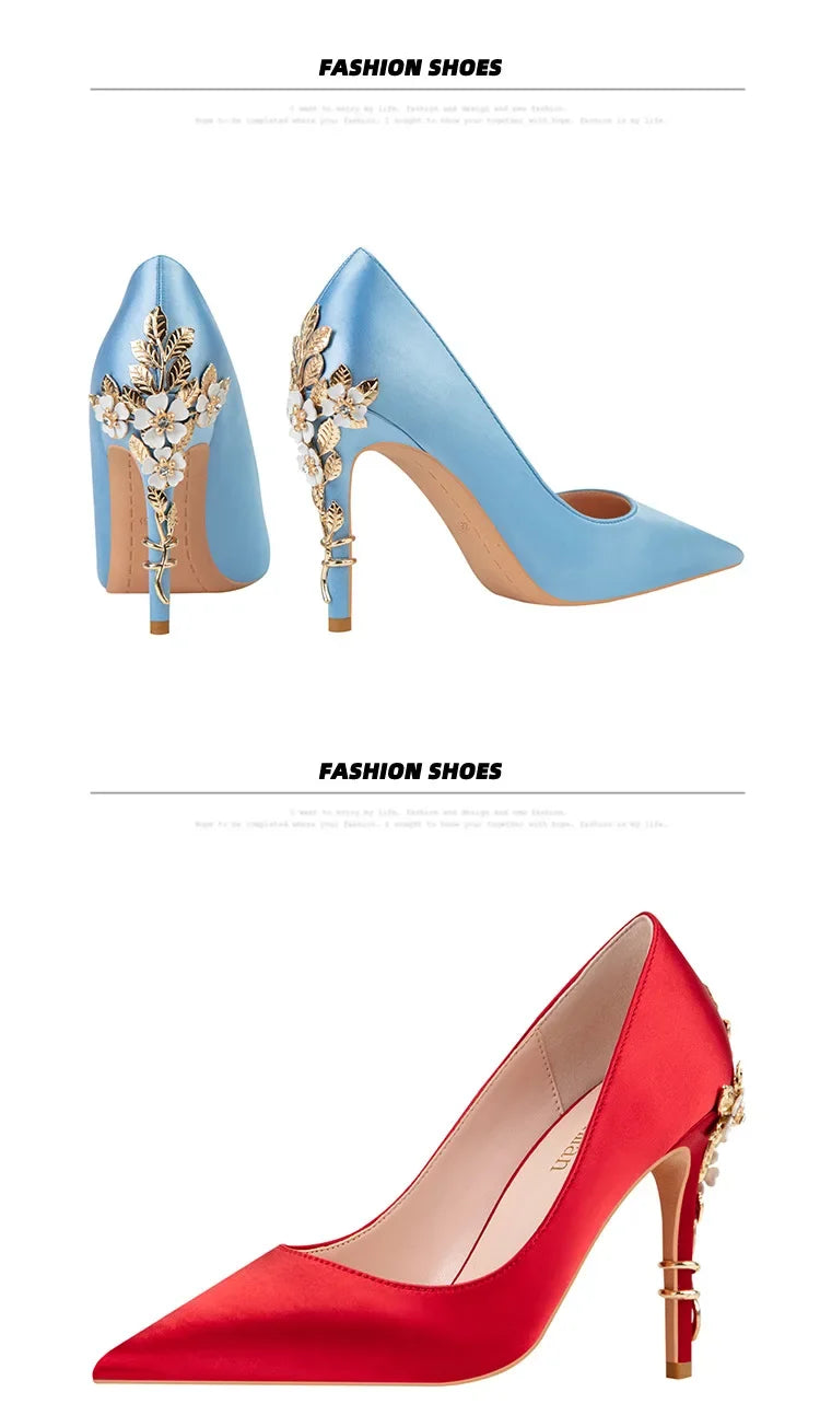 Women's Metal Flowers Stiletto High-heel Shoes Female  Light Luxury Wedding Shoes Pointed Toe