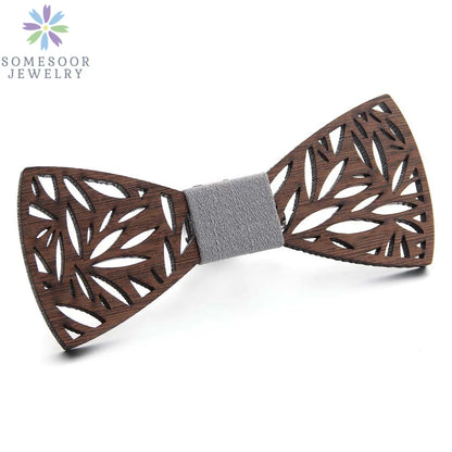 Dark Leaf Hollow Floral Wooden Bowtie For Men Wedding Suit Geometric Carved Wood Neck Ties Unisex