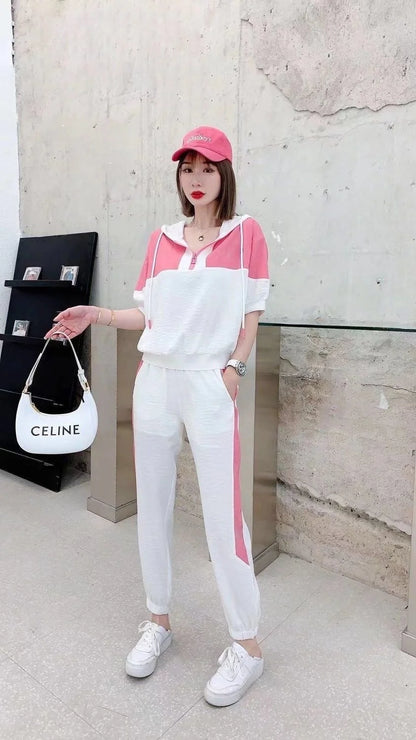 Women's Fashion Tracksuit Casual Suit Short Sleeve Hooded Top Pants Two Piece Set For Women