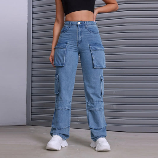 Straight Jean Women Length Large Size Wide Jeans Pants Waisted Calf Hole Stretch plus