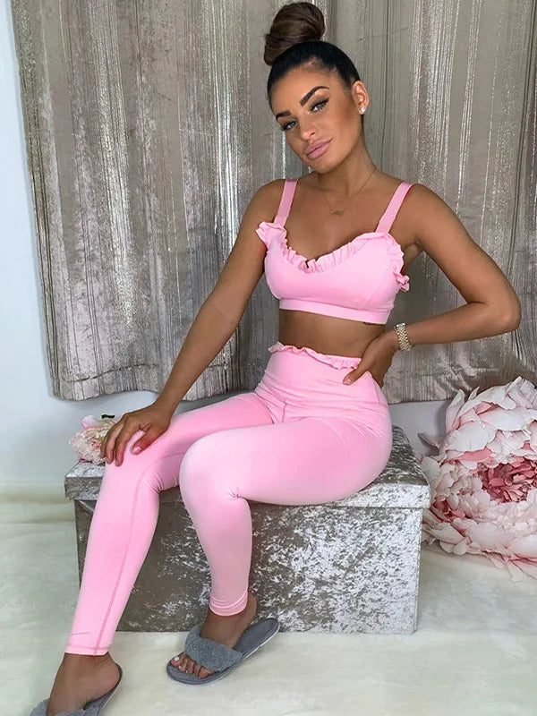 Solid Color Wood Ear Bra & Hip-Lifting High Waist Leggings Pants Fitness Yoga Two Pieces Set