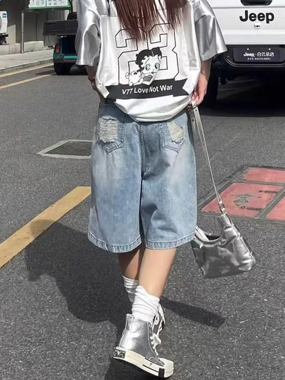 Women's Blue Casual Y2K Harajuku High Street Vintage 2000S Style Wide Leg Denim Shorts Fashionable Streetwear Short Pants 2026