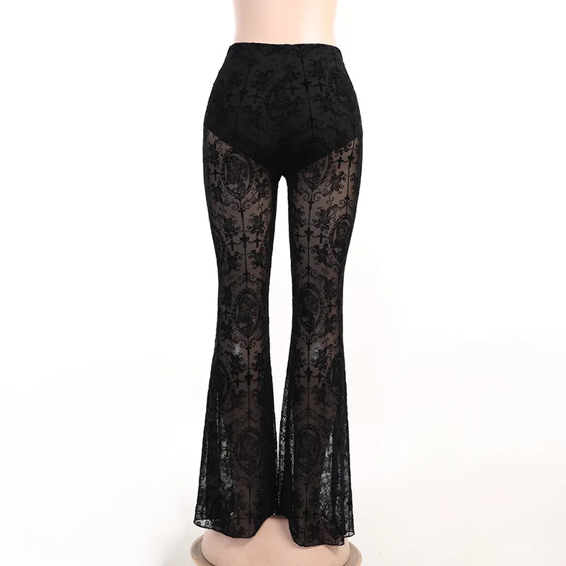 Goth Dark Gothic Flare Pants Grunge See Through Mesh High Waist Women