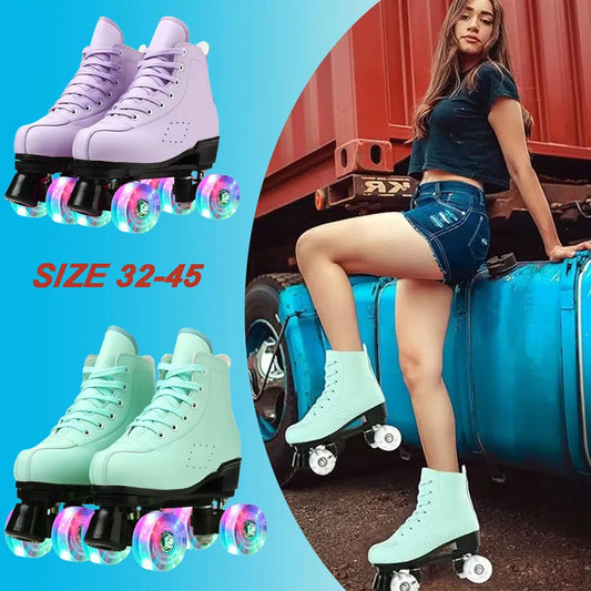 PU Leather Roller Skates Women Double Row Breathable 4 wheel Skate Shoes