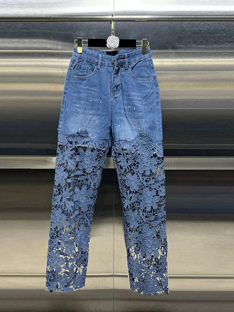 VGH Casual Hollow Out Spliced Lace Solid Jeans For Women High Waist Patchwork Pockets Minimalist Loose Wide Leg Pants Female New blue / XXXL blue / XXL blue / XL blue / XXXL-blue / XXL-blue / XL-blue / L-blue / M-blue / S-
