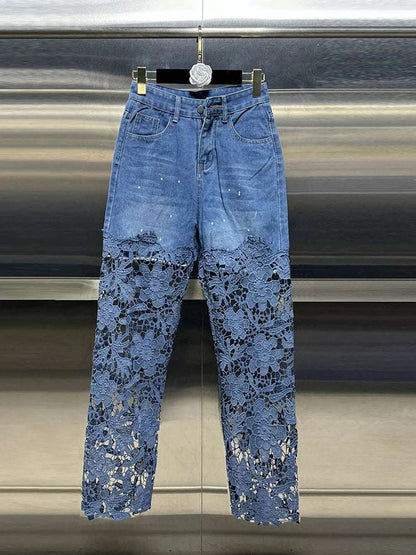VGH Casual Hollow Out Spliced Lace Solid Jeans For Women High Waist Patchwork Pockets Minimalist Loose Wide Leg Pants Female New blue / XXXL blue / XXL blue / XL blue / XXXL-blue / XXL-blue / XL-blue / L-blue / M-blue / S-