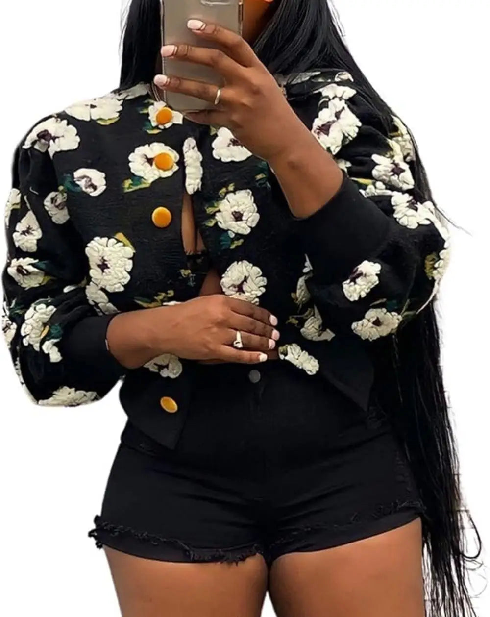 Wool Coats for Women Floral Puff Sleeve Embroidered Printing Short Fall Winter Jacket