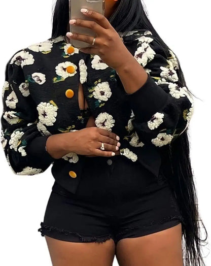 Wool Coats for Women Floral Puff Sleeve Embroidered Printing Short Fall Winter Jacket