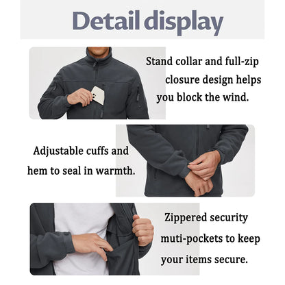 Men's Fleece Jacket Soft Warmth Windproof Full Zip Up Coat Multiple Zipper Pockets Hiking Working Outdoors Windbreaker