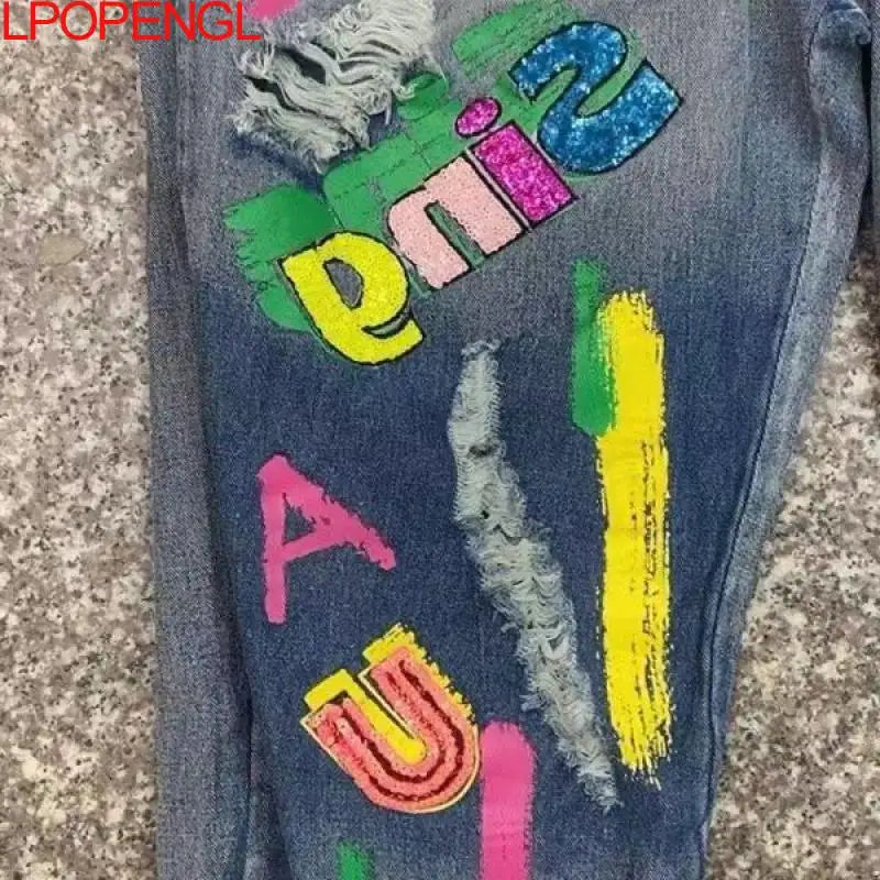 Sequin Letter Elastic Waist Jeans High Waist Denim Graffiti Print Harem Pants as photo / M as photo / L as photo / XL as photo / M-as photo / L-as photo / XL-