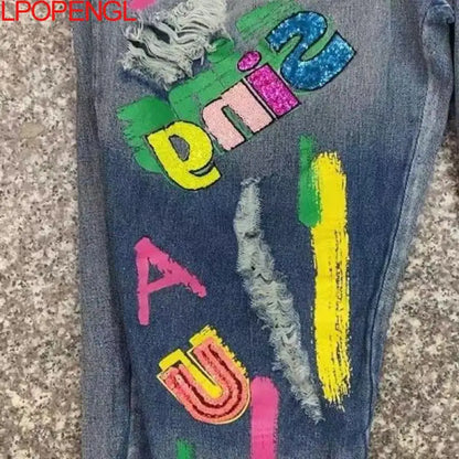 Sequin Letter Elastic Waist Jeans High Waist Denim Graffiti Print Harem Pants as photo / M as photo / L as photo / XL as photo / M-as photo / L-as photo / XL-