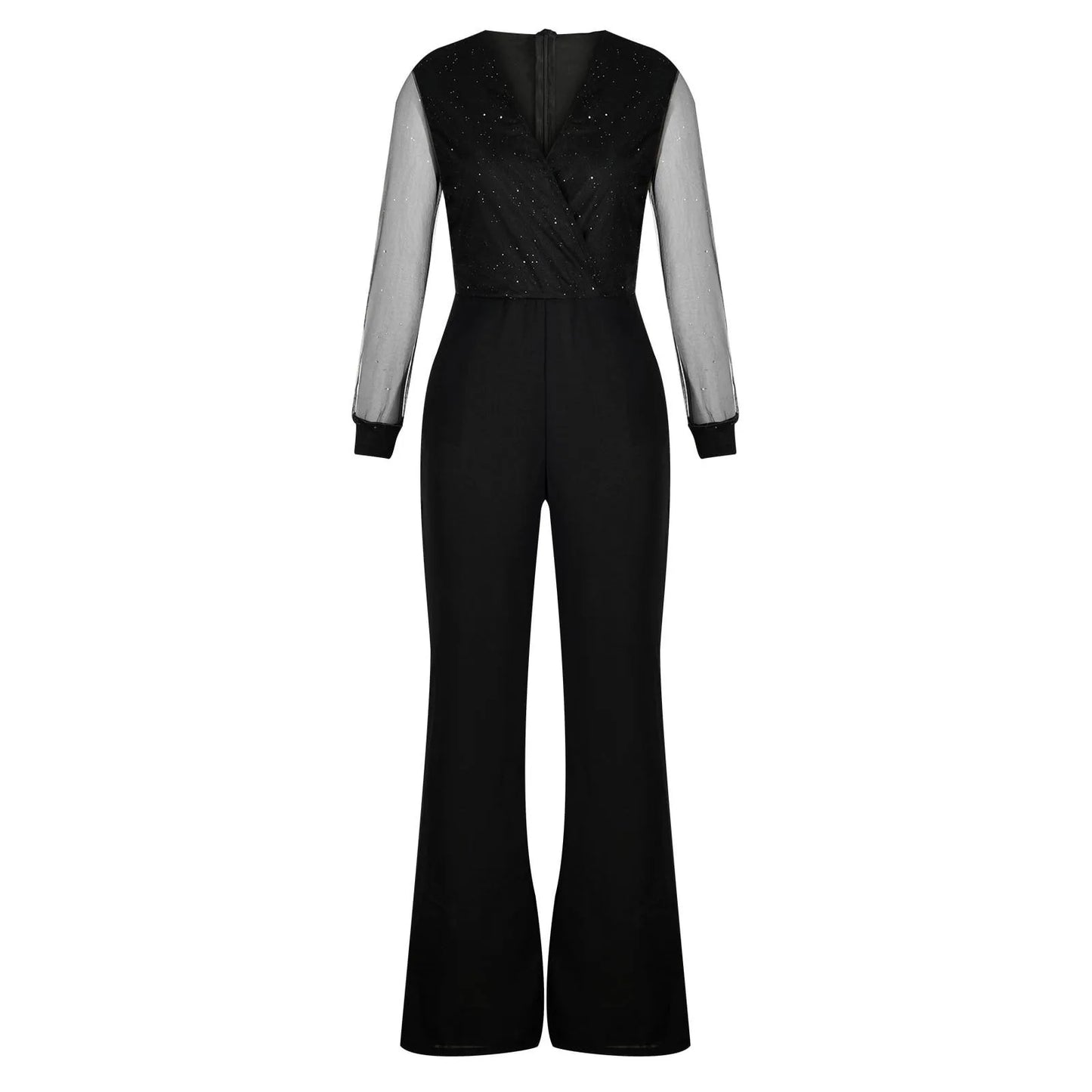 Black Jumpsuits Mesh Patchwork, Backless Long Sleeve Sequined