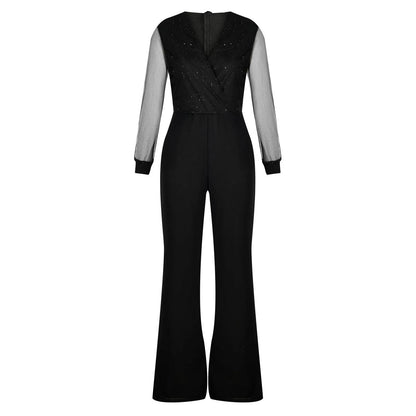 Black Jumpsuits Mesh Patchwork, Backless Long Sleeve Sequined