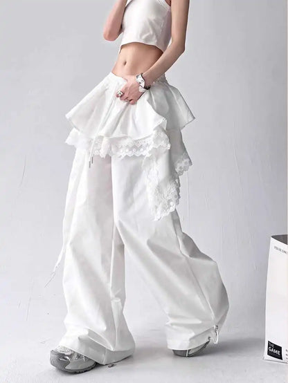 Y2K Black Cargo Pants Women Lace Patchwork White Wide Leg Pants