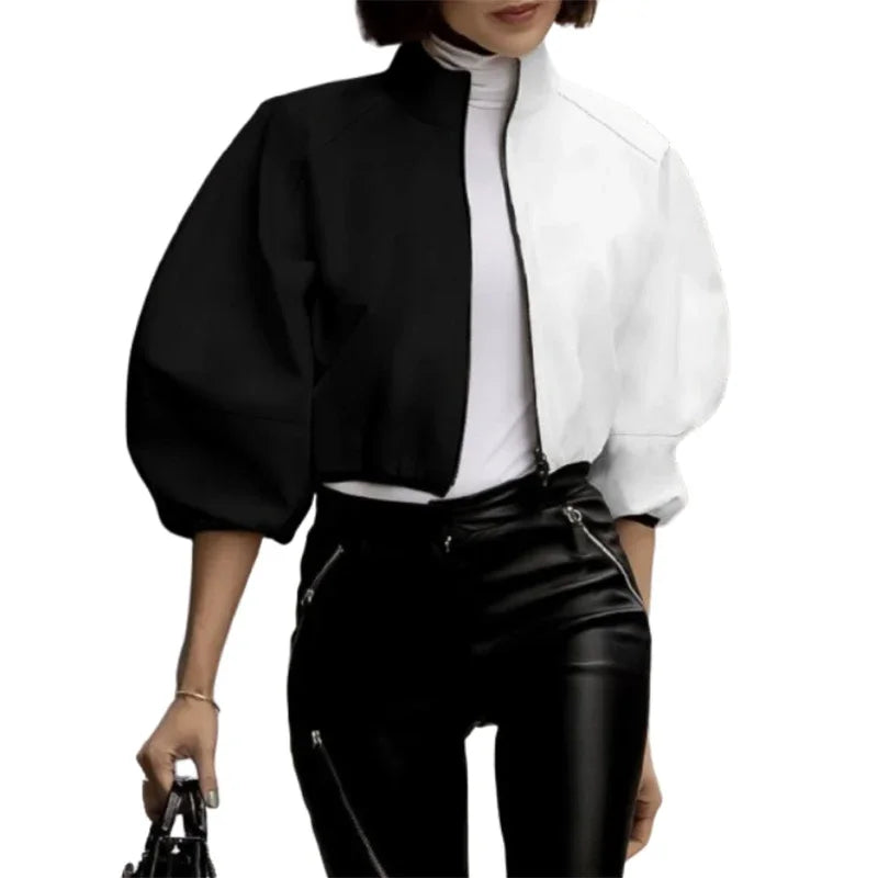 Female Stylish Stand Collar Zipper Jackets Loose Puff Sleeves Contrast Color Casual Fashion Outerwears 2025 New
