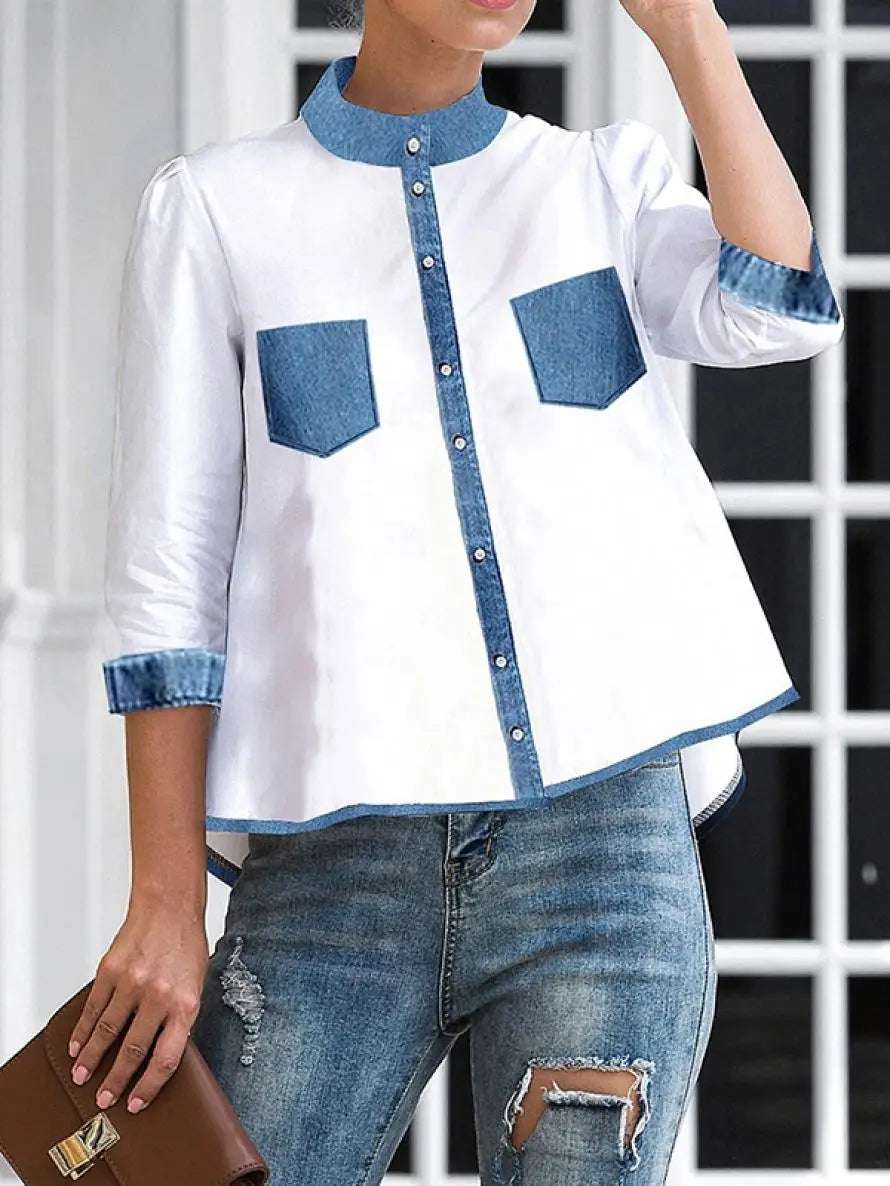 Yeezzi 2024 New Women Fashion Fake Pockets Patchwork Blouses Spring Summer High-Low Buttoned Mock Neck Casual Shirts Tops WHITE / L WHITE / M WHITE / XXL WHITE / L-WHITE / M-WHITE / XXL-WHITE / XL-WHITE / S-