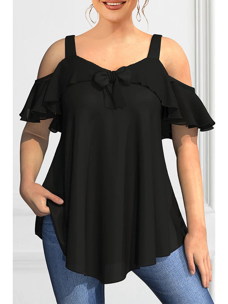 Elegant Cold Shoulder Shirt Ruffles Tops Tee Loose Fit Solid Color Top