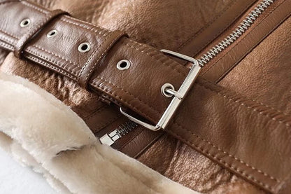 Thick and warm faux leather jacket Coat women's beige long-sleeved belt jacket women 2025 winter fashion new streetwear Tops