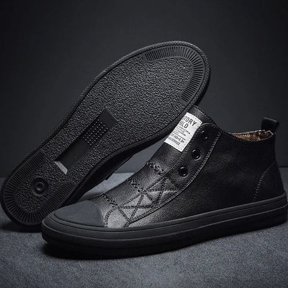 Genuine Leather Shoes Men High top Fashion Sneakers Flat Brand Black White Shoes