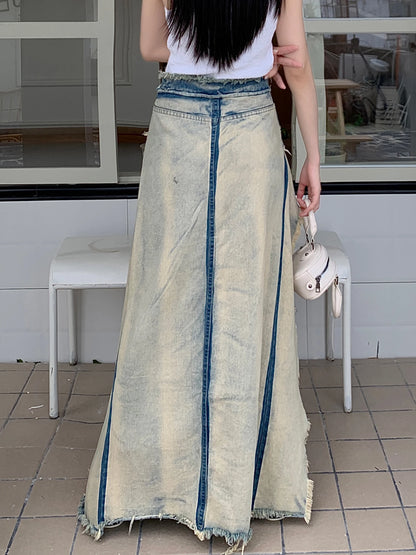 Women Patchwork A-line Skirt Vintage Y2k 90s Aesthetic Skirt with Slit Harajuku Korean Elegant Skirts 2000s Clothes 2024 Summer