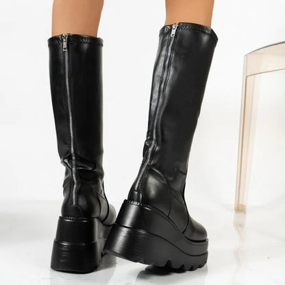 Wedge-heeled Mid-tube Boots Ladies Gothic Style Thick-soled Motorcycle Boots