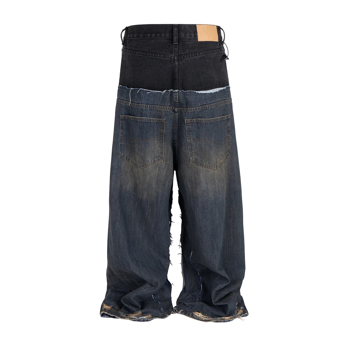 CUT-UP Double-layer Double Waist Patchwork Baggy Jeans for Men and Women Straight Casual Loose