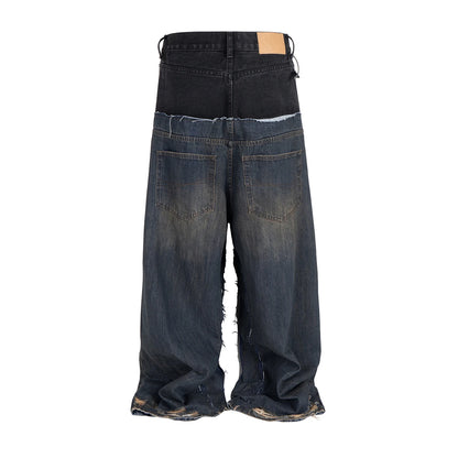 CUT-UP Double-layer Double Waist Patchwork Baggy Jeans for Men and Women Straight Casual Loose