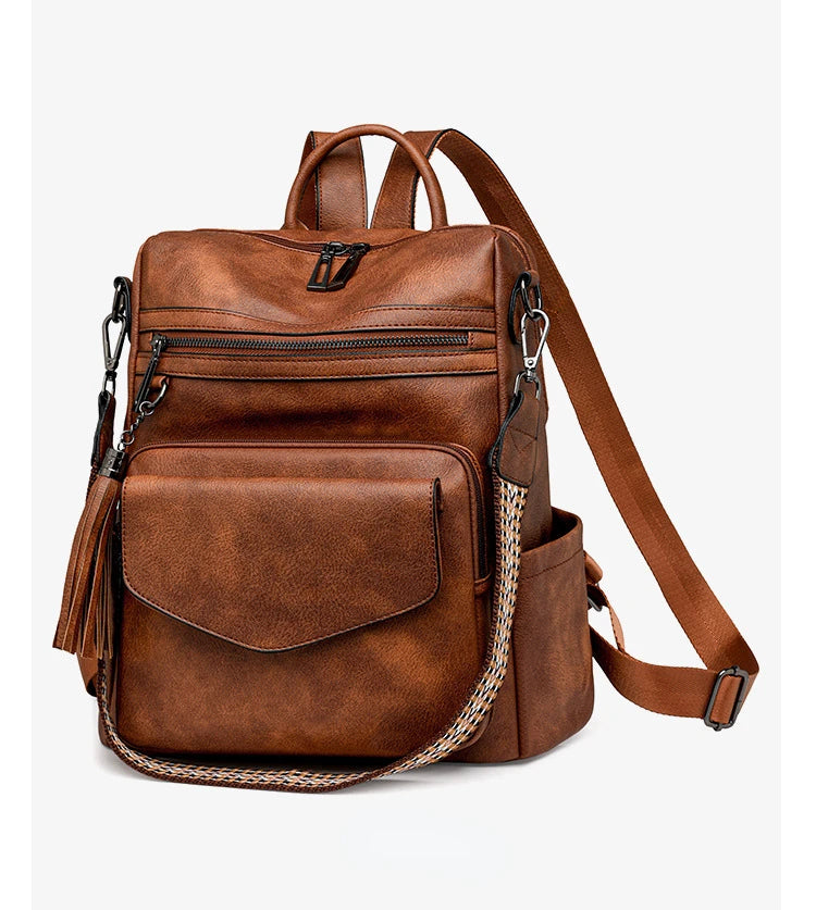 Backpack for Women Large Womens Backpack Leather Purse Designer Ladies Shoulder Bags with Tassel Two-toned Brown