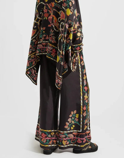Vintage Print Pants Sets Women Irregular Loose Long Sleeve Shirt Wide Leg Trousers Two Piece Set Female Fashion Trend Streetwear