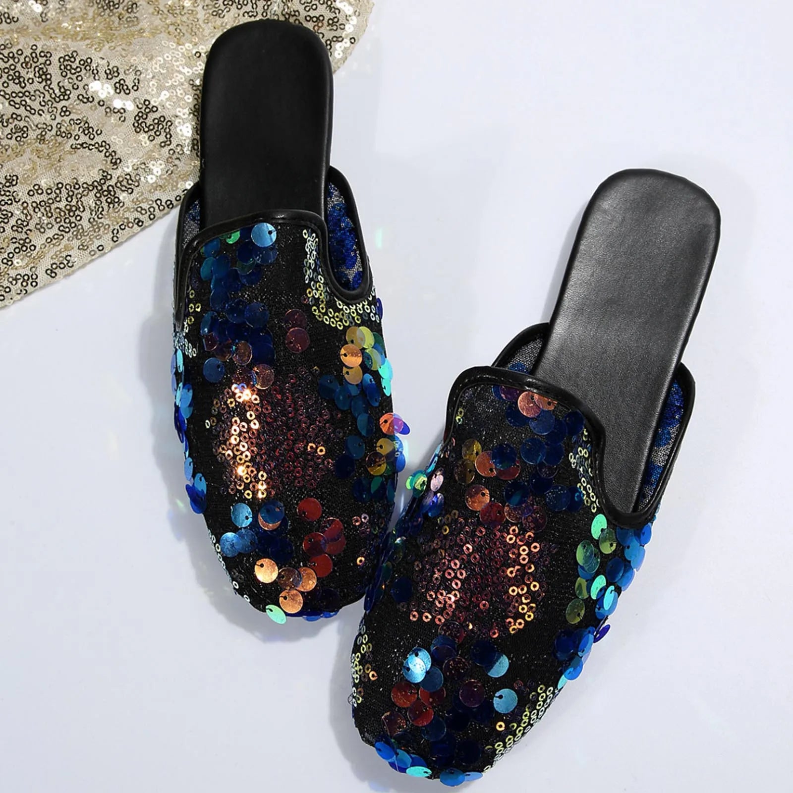 Women Casual Sequin Decoration Slipper Square Toe Flat Bottom Comfortable Sandals Slides Black / 40 / United States Black / 42 / United States 