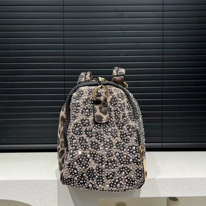 Ladies' fashionable and gorgeous diamond studded tote bag with leopard pattern and full diamond cylindrical handbag