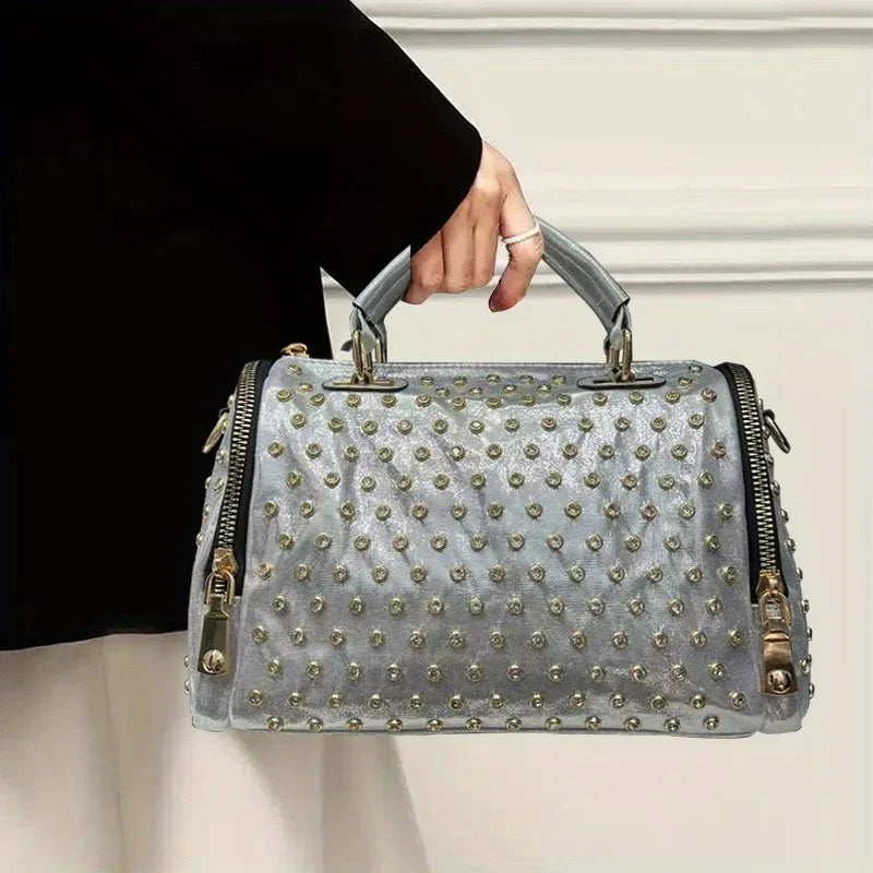 Ladies' diamond studded nylon tote bag with leopard pattern