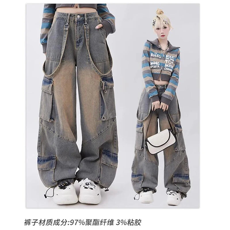 Women Blue Oversize Cargo Jeans Harajuku Vintage Baggy Y2k Denim Trouser 90s Aesthetic Wide Jean Pants 2000s Trashy Clothes 2024