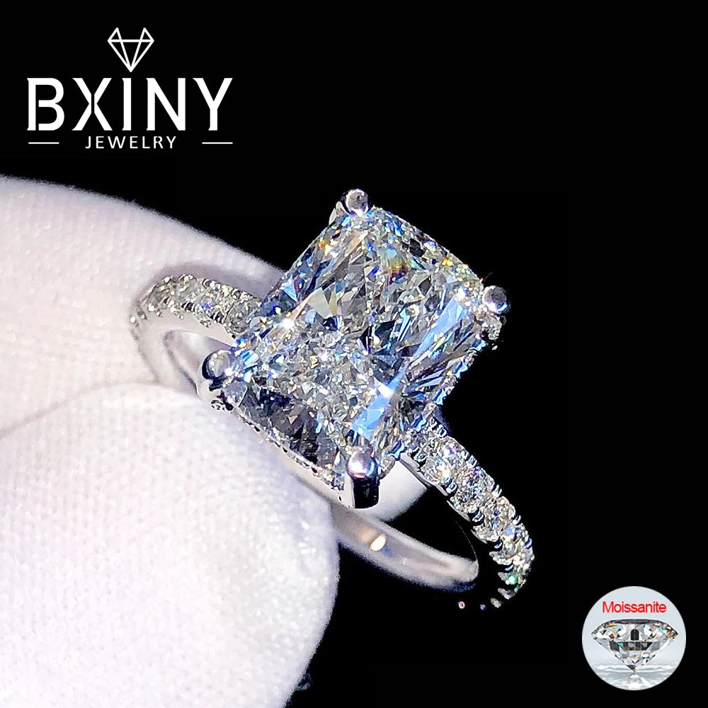 BXINY 4CT Emerald/Radiant Cut Full Moissanite Rings S925 Silver for Women Rectangle Diamond Wedding Bands Gifts Jewelry With GRA