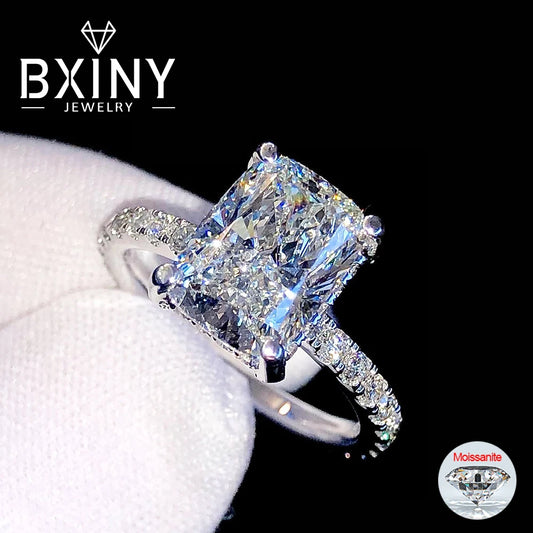 BXINY 4CT Emerald/Radiant Cut Full Moissanite Rings S925 Silver for Women Rectangle Diamond Wedding Bands Gifts Jewelry With GRA