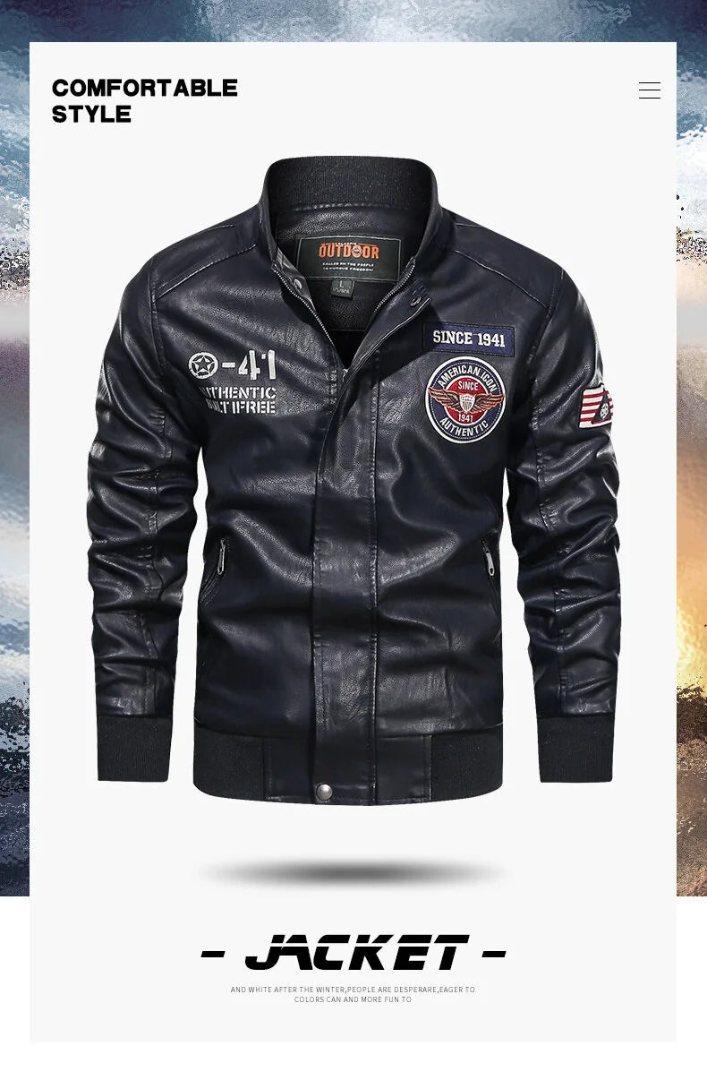 Men's Motorcycle Suit Leather jacket Color collar pilot casual PU leather jacket