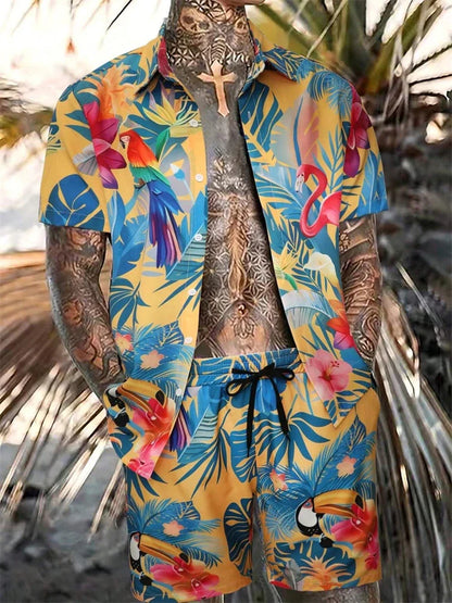 Men's Hawaiian Short-Sleeved Shirt Shorts Set Drawstring Shorts Jungle Print