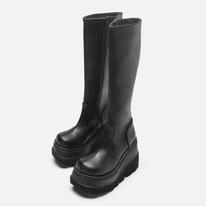 Wedge-heeled Mid-tube Boots Ladies Gothic Style Thick-soled Motorcycle Boots