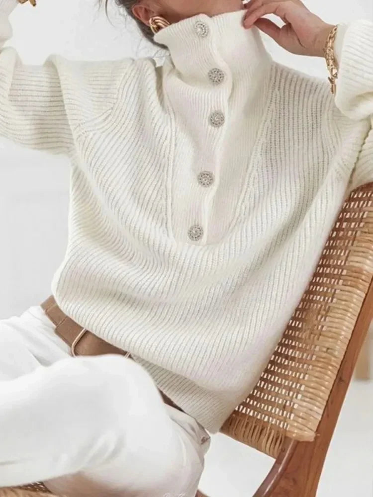White High-Neck Sweaters Women Buttoned Long Sleeves Korean Style Knitted Pullover